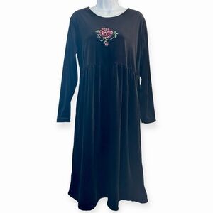 SHENANIGANS Vintage Black Velvet Embroidered Rose Long Sleeve Midi Babydoll M